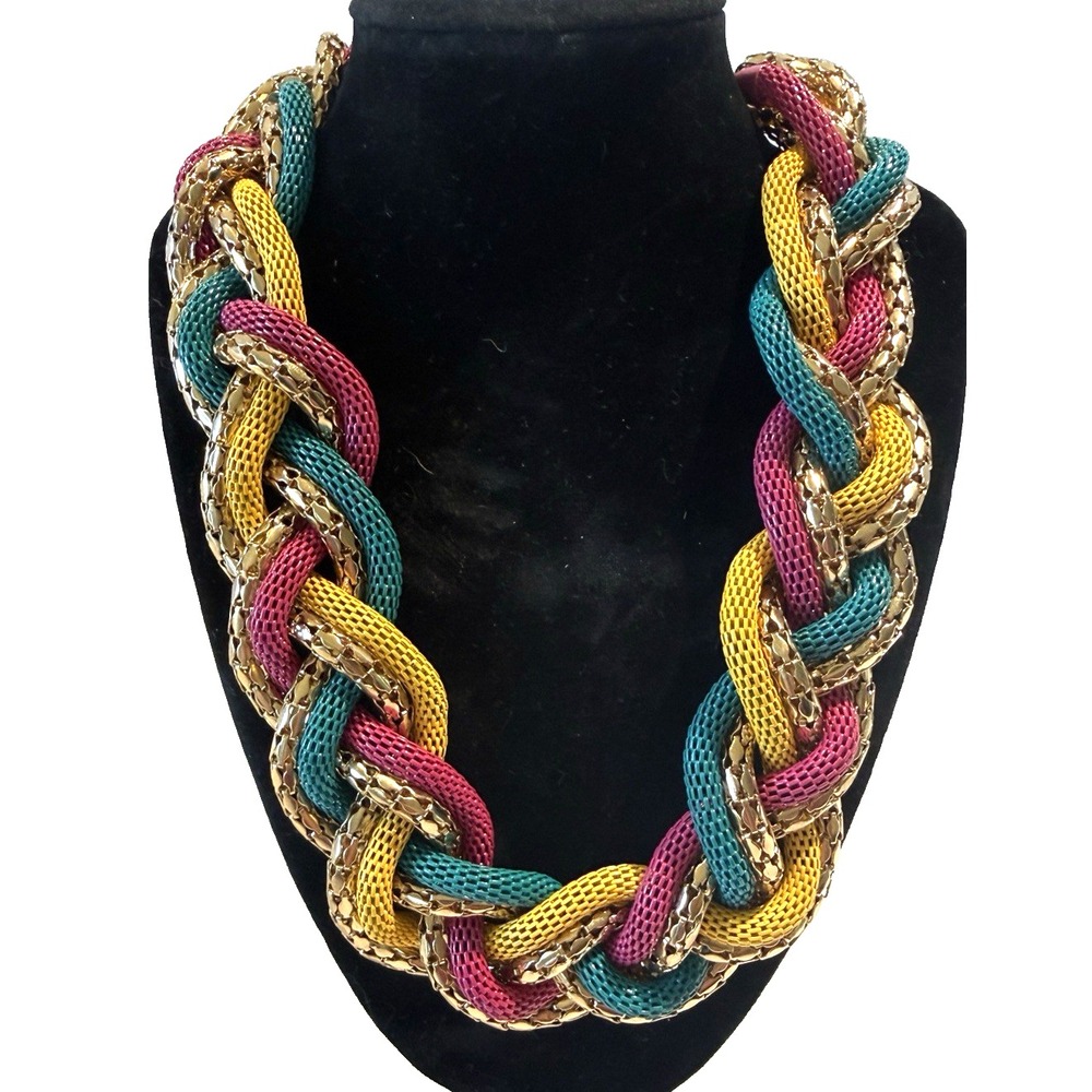 Multicolor Braided Metal Mesh Statement Necklace Gold Tone Boho Chunky 21" Art